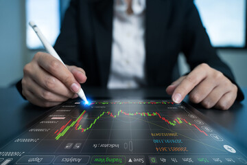 Human resources management and business concept. charts and graphs on office desk with mission icon on virtual screen.