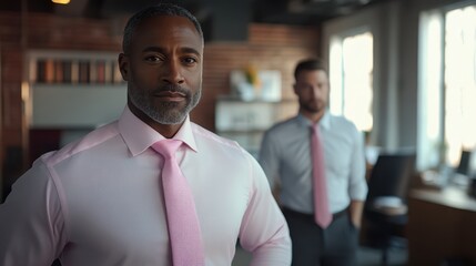 Fototapeta premium A confident business professional stands in an office, dressed in a pink shirt and tie, with another man in the background, This image can be used for themes like leadership, teamwork
