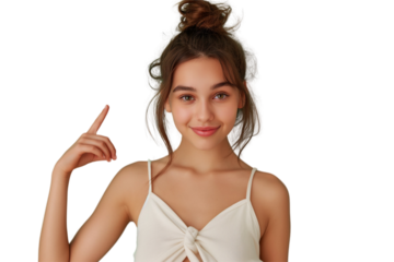 Young beautiful woman pointing finger up with smiling, Die cut transparent PNG.