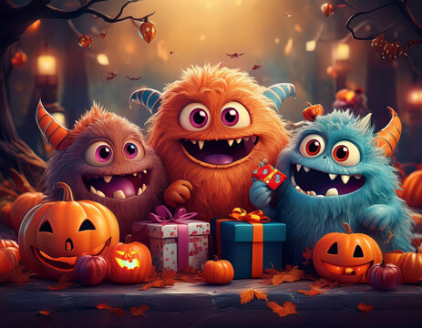 Monstres coquins avec des cadeaux illustration personnage 3d pour c&eacute;l&eacute;brer la f&ecirc;te d'Halloween le 31 octobre