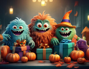 Monstres gentils avec des cadeaux illustration personnage 3d pour célébrer la fête d'Halloween...