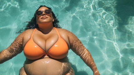 Plus-Size woman in bikini swimsuit swimming in a pool with copy space, enjoying vacation while promoting feminism and body positivity