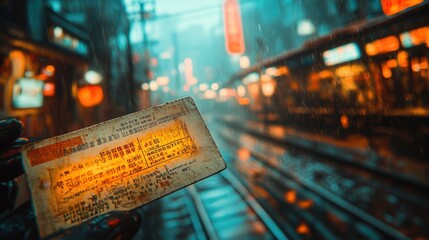 A close-up of a train ticket being held by a character, surrounded by softly lit city elements in muted tones, conveying a sense of anticipation and nostalgia 
