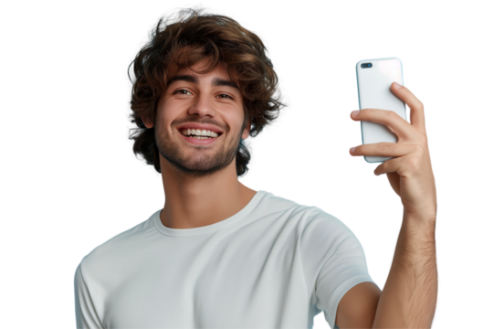 Happy man takes selfie on mobile phone camera app, Die cut transparent PNG.