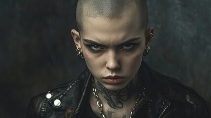 portrait of a androgyny and crazy skinhead woman, looks like punk