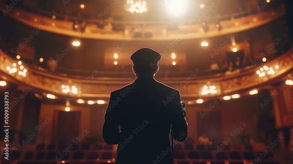 Poster a person in a suit standing on a stage, possibly waiting for something to start