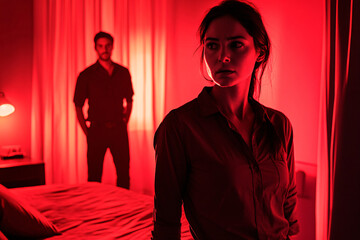 A woman looks tense while a man stands ominously in the background of a red-lit room symbolizing fear, control, and domestic violence
