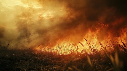 Fototapeta premium Flames engulfing dry grass during a wildfire, with thick smoke in the background, depicting the destructive power of nature.