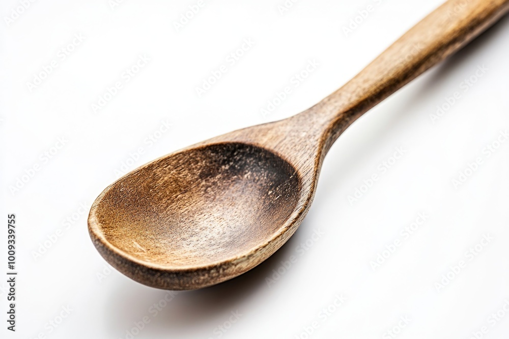 Poster a simple wooden spoon placed on a clean and minimalistic white background, suitable for use in kitch