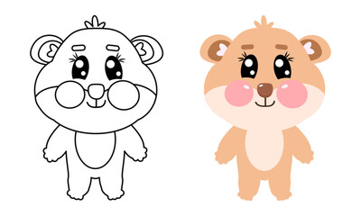 Coloring page illustration with kawaii cartoon cute hamster full height 