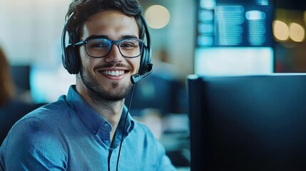 Wearing a headset and working at a computer, young man working in customer service