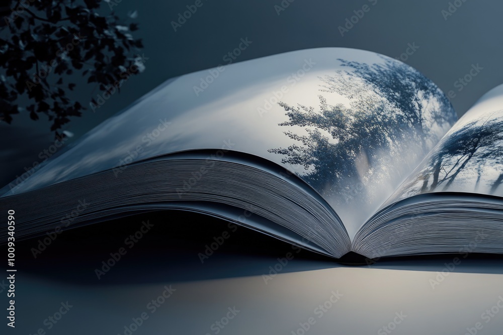 Poster a close-up shot of an open book with a beautiful illustration of trees on its pages