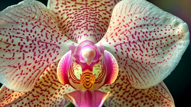 A close-up view of a pink and white orchid with red speckles on its petals