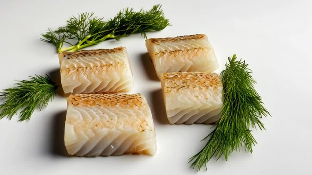 Four pieces of fresh cod fillets are arranged on a white surface, adorned with sprigs of dill