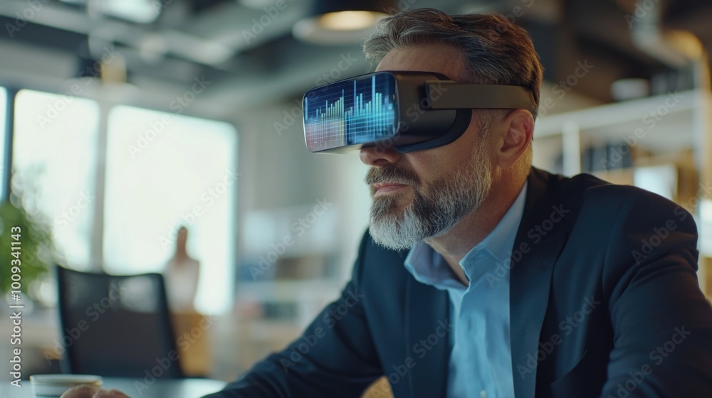 Poster a person wearing a suit and using a virtual reality device for entertainment or gaming purposes