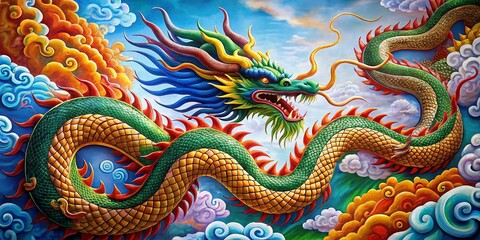 Fototapeta premium Intricate Long Dragon Drawing with Elaborate Details and Flowing Form in a Fantastical Style