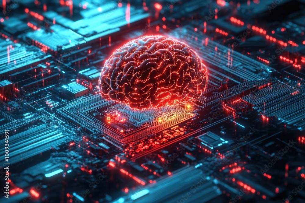 Leinwandbilder an illustration of a computer chip with an artificial intelligence brain on top