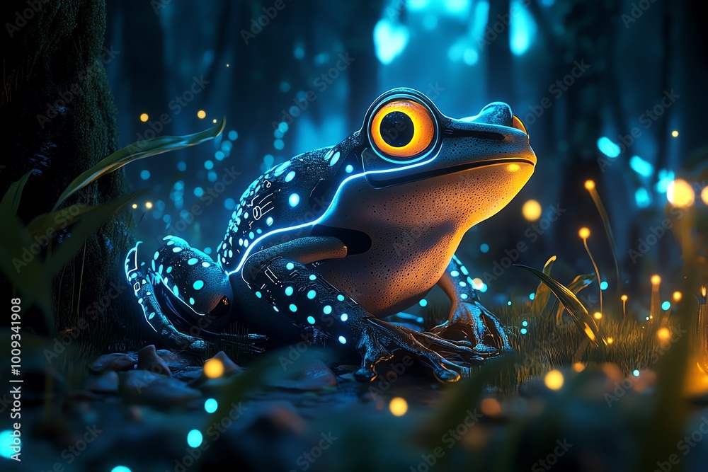 Aufkleber a futuristic frog with neon colors glowing in a high-tech jungle, where plants and creatures are bio
