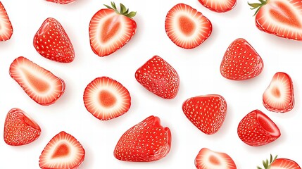 Strawberrylicious: A delightful and vibrant pattern of fresh strawberries, whole and sliced, arranged in a harmonious and appetizing design.