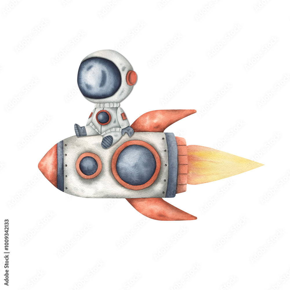 Wall mural space watercolor hand-drawn illustration with little astronaut, sits on a flying rocket. cute cartoo