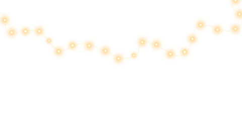 Festive Christmas light gold garlands. Set of golden Christmas glowing garlands. Decor element for postcards, invitations, backgrounds, business cards. Winter new collection 2024. PNG.