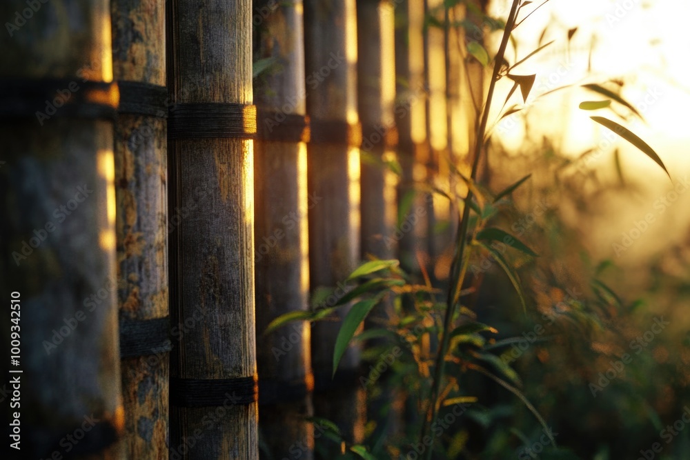 Poster a bamboo fence with the sun setting behind it, ideal for use in landscape or nature-themed projects