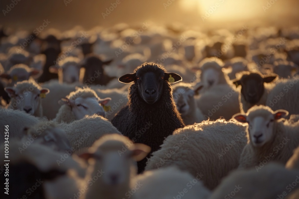 Poster A group of sheep standing close to each other in a field, possibly preparing for rest or grazing