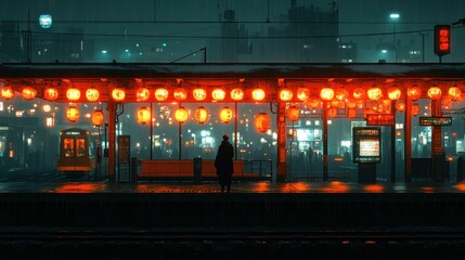 A scene of a character lost in thought while waiting for a train, framed by softly glowing lights and muted cityscape elements, creating a reflective mood 