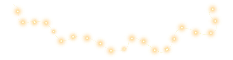 Festive Christmas light gold garlands. Set of golden Christmas glowing garlands. Decor element for postcards, invitations, backgrounds, business cards. Winter new collection 2024. PNG. © Orange Sky