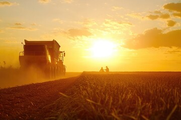 Fototapeta premium Agricultural vehicle passes through a lush green field as the sun sets in the background, highlighting the beauty of nature