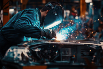 Welder at an automobile factory welding body parts together.
