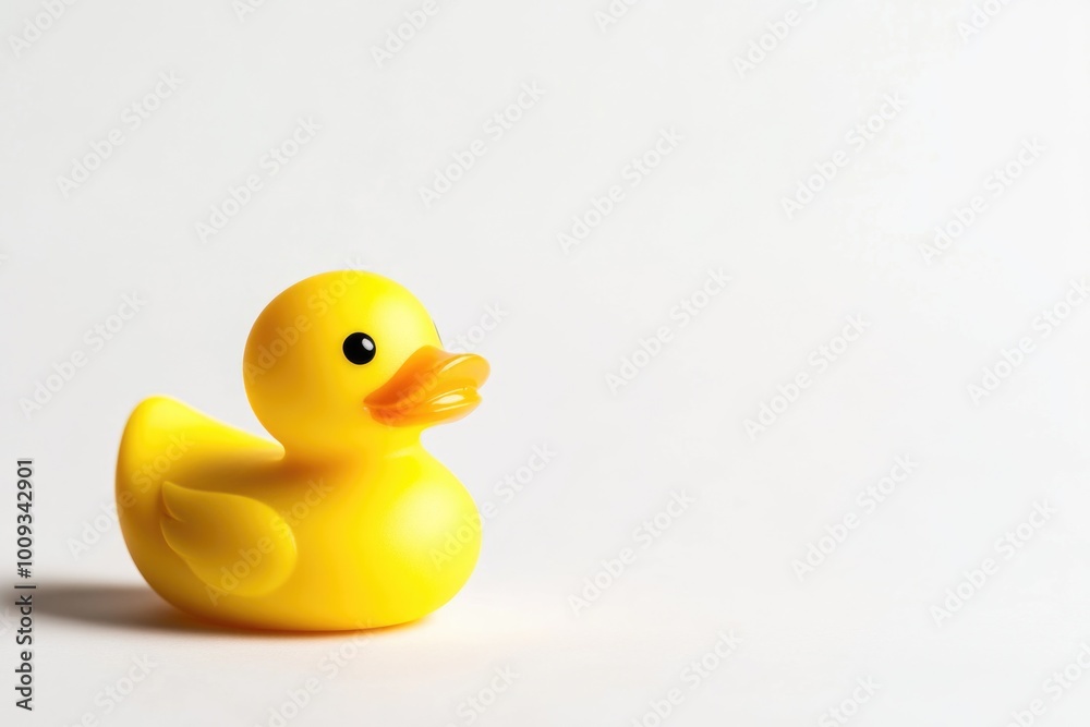 Poster a single yellow rubber duck sitting on a white surface, suitable for use in children's bath time or 