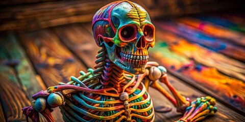 Fototapeta premium Intricate Skeleton Model Displayed on a Wooden Surface for Educational and Artistic Purposes