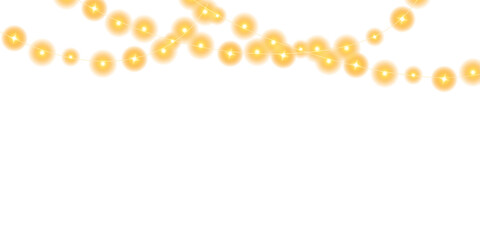 Festive Christmas light gold garlands. Set of golden Christmas glowing garlands. Decor element for postcards, invitations, backgrounds, business cards. Winter new collection 2024. PNG.