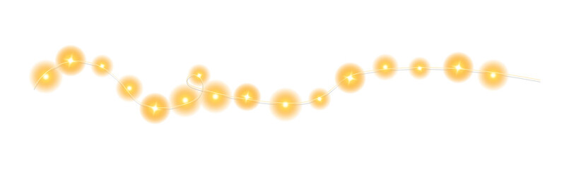 Festive Christmas light gold garlands. Set of golden Christmas glowing garlands. Decor element for postcards, invitations, backgrounds, business cards. Winter new collection 2024. PNG.