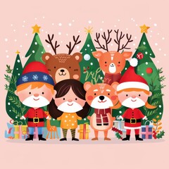 Merry Christmas Banner with Cute Characters and Trees