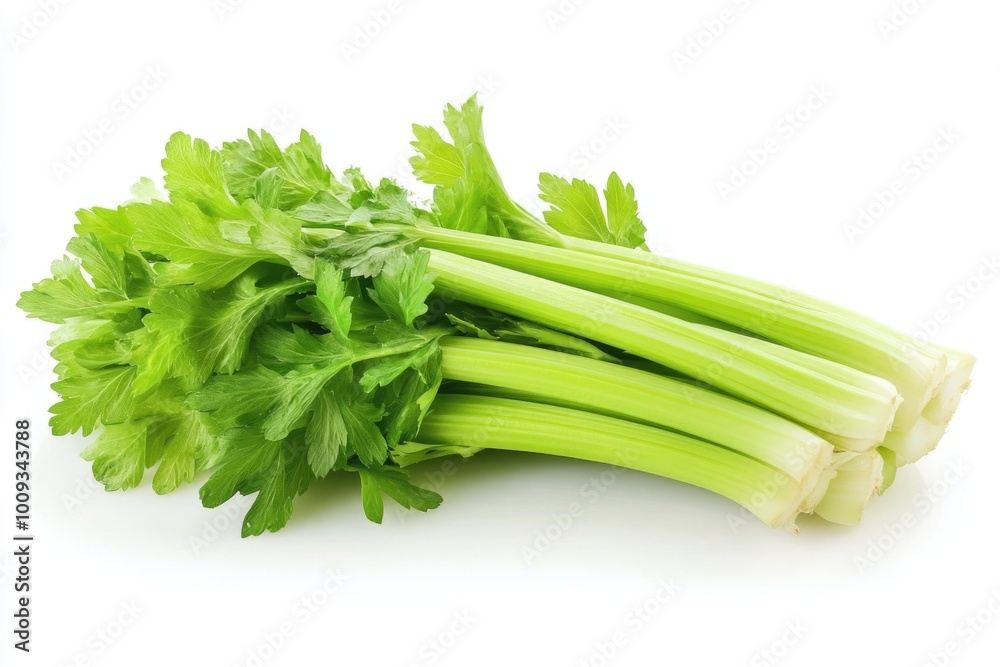 Poster Fresh bunch of celery placed on a clean white surface