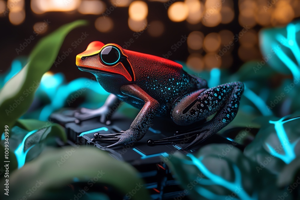 Poster a futuristic frog with neon colors glowing in a high-tech jungle, where plants and creatures are bio