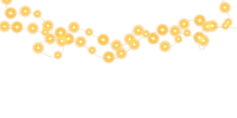 Festive Christmas light gold garlands. Set of golden Christmas glowing garlands. Decor element for postcards, invitations, backgrounds, business cards. Winter new collection 2024. PNG.