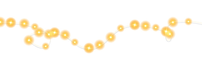 Festive Christmas light gold garlands. Set of golden Christmas glowing garlands. Decor element for postcards, invitations, backgrounds, business cards. Winter new collection 2024. PNG.