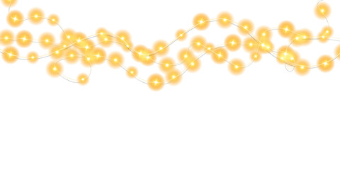 Festive Christmas light gold garlands. Set of golden Christmas glowing garlands. Decor element for postcards, invitations, backgrounds, business cards. Winter new collection 2024. PNG.