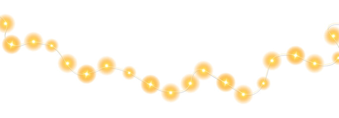 Festive Christmas light gold garlands. Set of golden Christmas glowing garlands. Decor element for postcards, invitations, backgrounds, business cards. Winter new collection 2024. PNG.