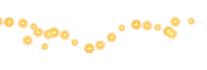 Festive Christmas light gold garlands. Set of golden Christmas glowing garlands. Decor element for postcards, invitations, backgrounds, business cards. Winter new collection 2024. PNG.