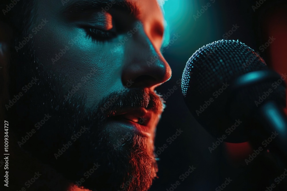 Poster a close-up shot of a person holding a microphone, ideal for music-related concepts and presentations