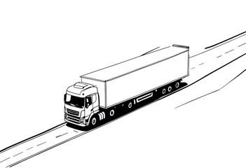 Black and White Illustration of a Semi-Truck on Highway