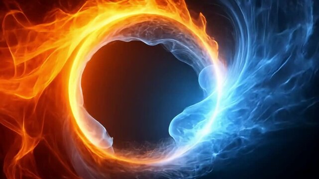 A stunning visual of fire and ice swirling together in a symbolic dance of balance and contrast. The vibrant energy of hot and cold elements colliding creates a breathtaking abstract interpretation