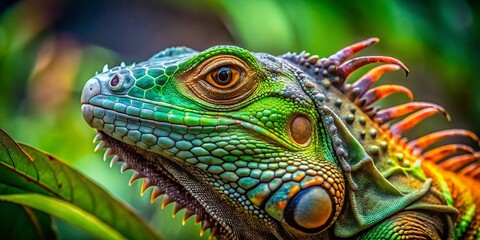 Fototapeta premium Intriguing close-up of a tangled iguana with vibrant colors against a natural green background