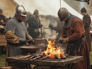 Fototapeta premium A detailed medieval reenactment setup with participants wearing chainmail and helmets, crafting weapons and tools over a fire, recreating the lifestyle and skills of medieval blacksmiths