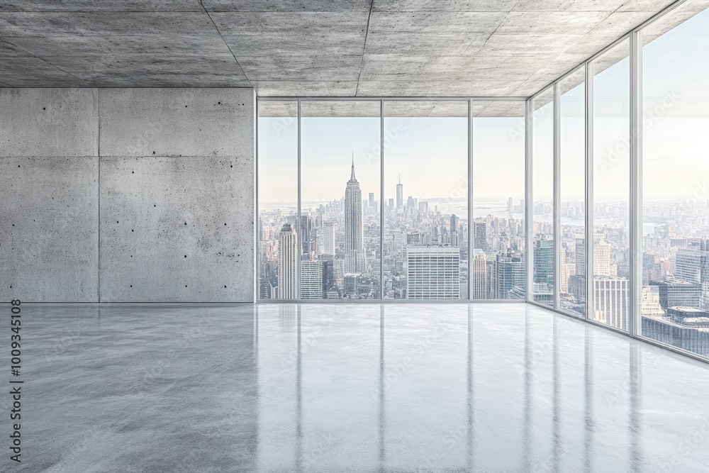Poster An empty room with a window offering a view of the city