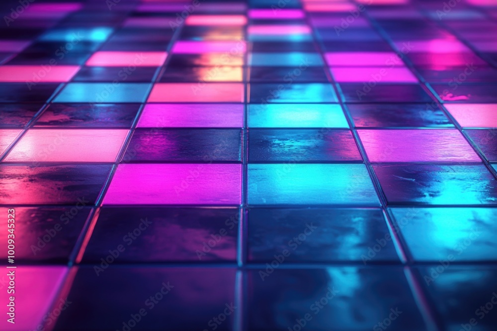 Poster a close-up shot of a tiled floor with pink and blue lights, ideal for use in designs related to tech